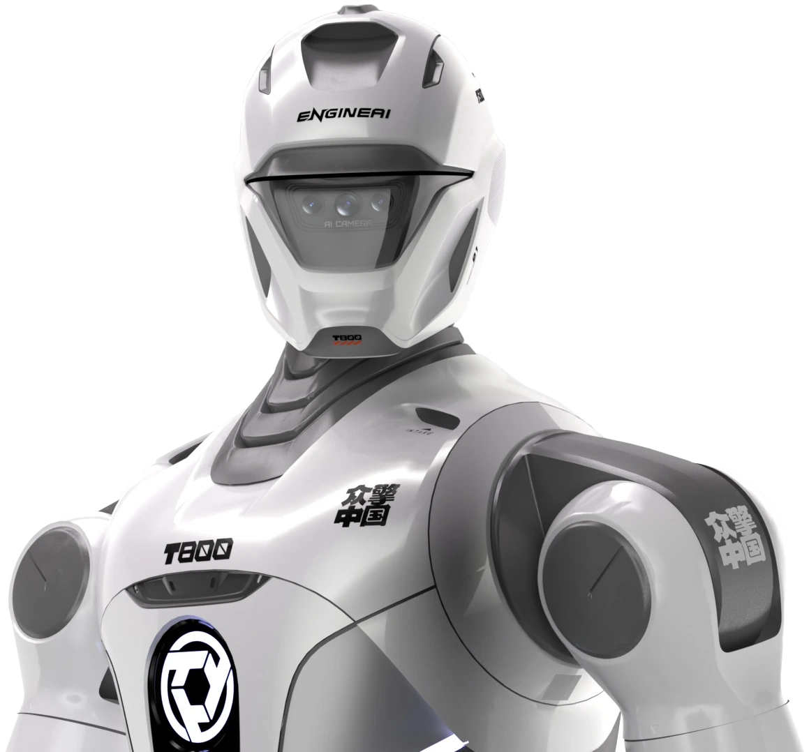EngineAI T800, busto frontal com capacete branco e visor escuro