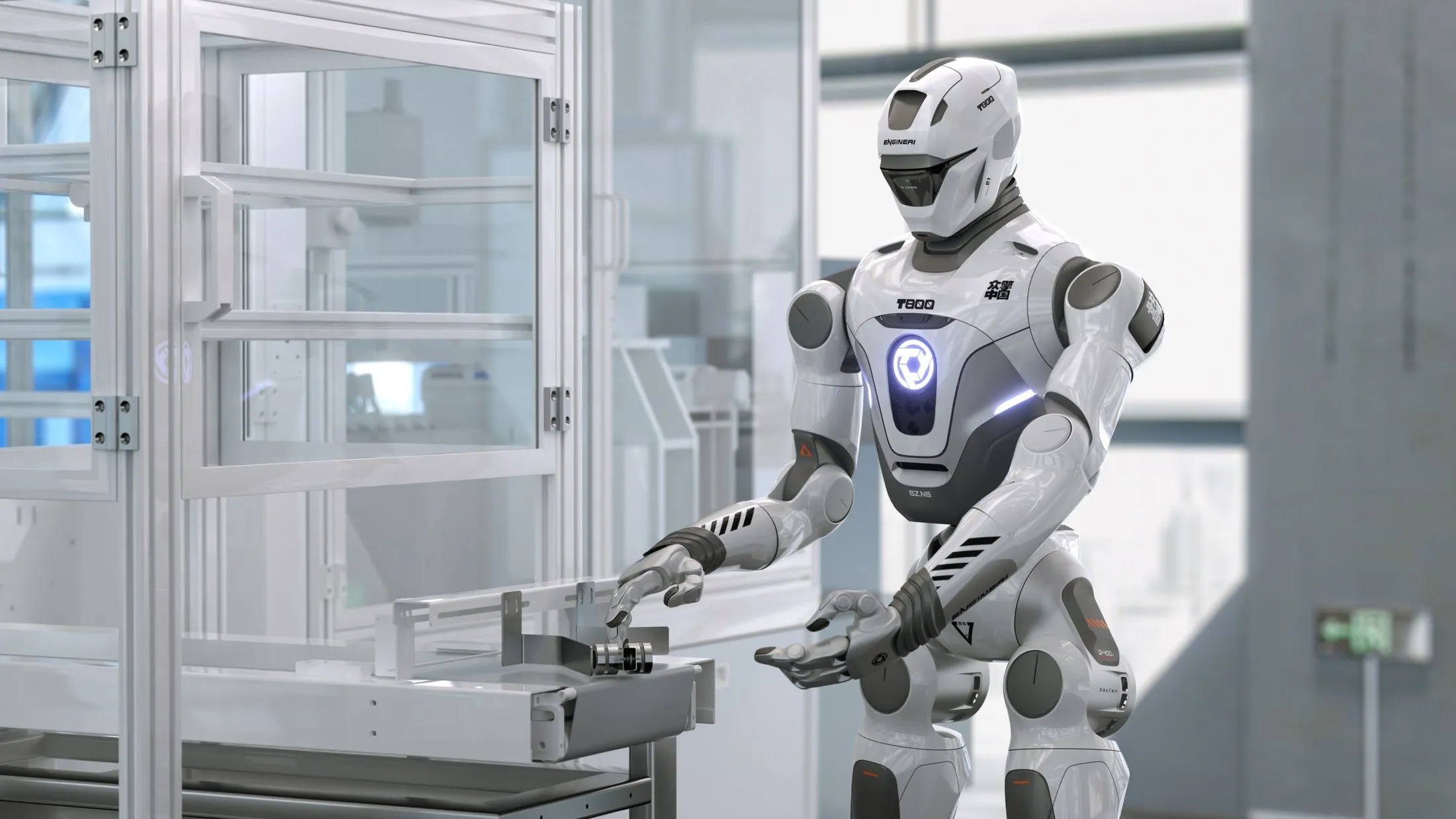 EngineAI T800 numa bancada de laboratório, manipulando uma peça pequena ao lado de uma cabine de vidro