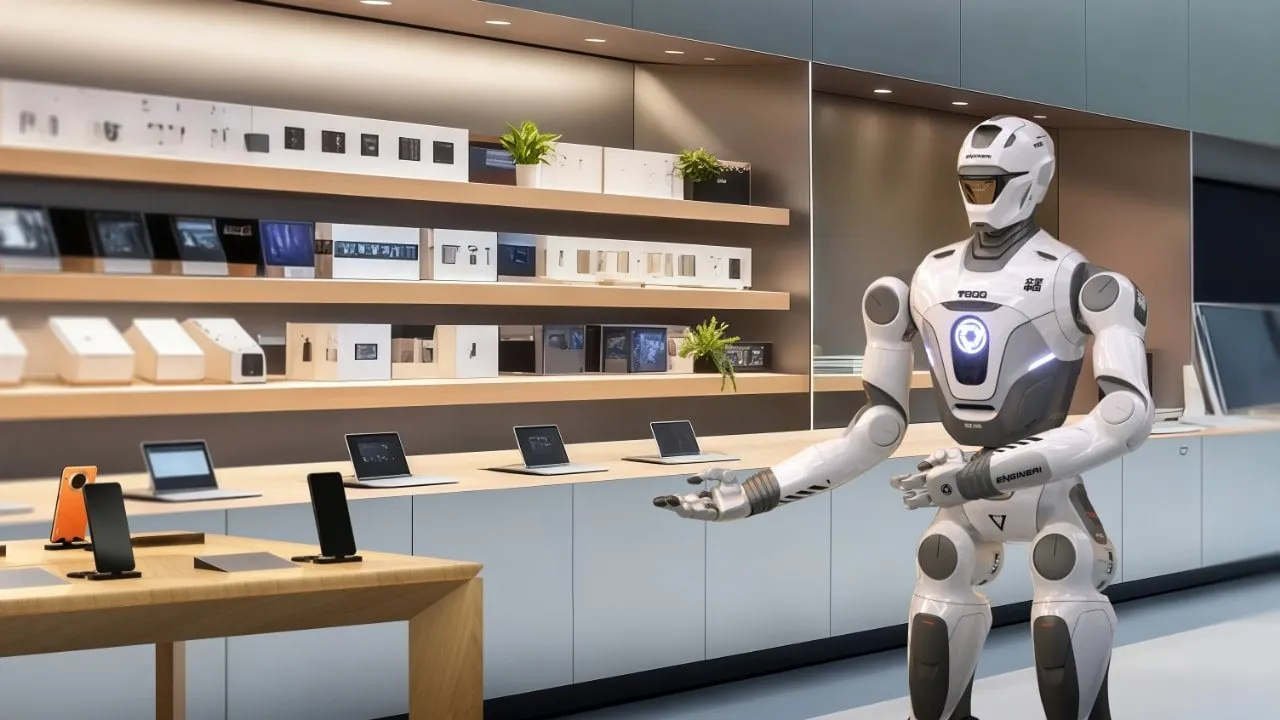 EngineAI T800 numa loja de eletrônicos, com a mão estendida em direção aos aparelhos expostos